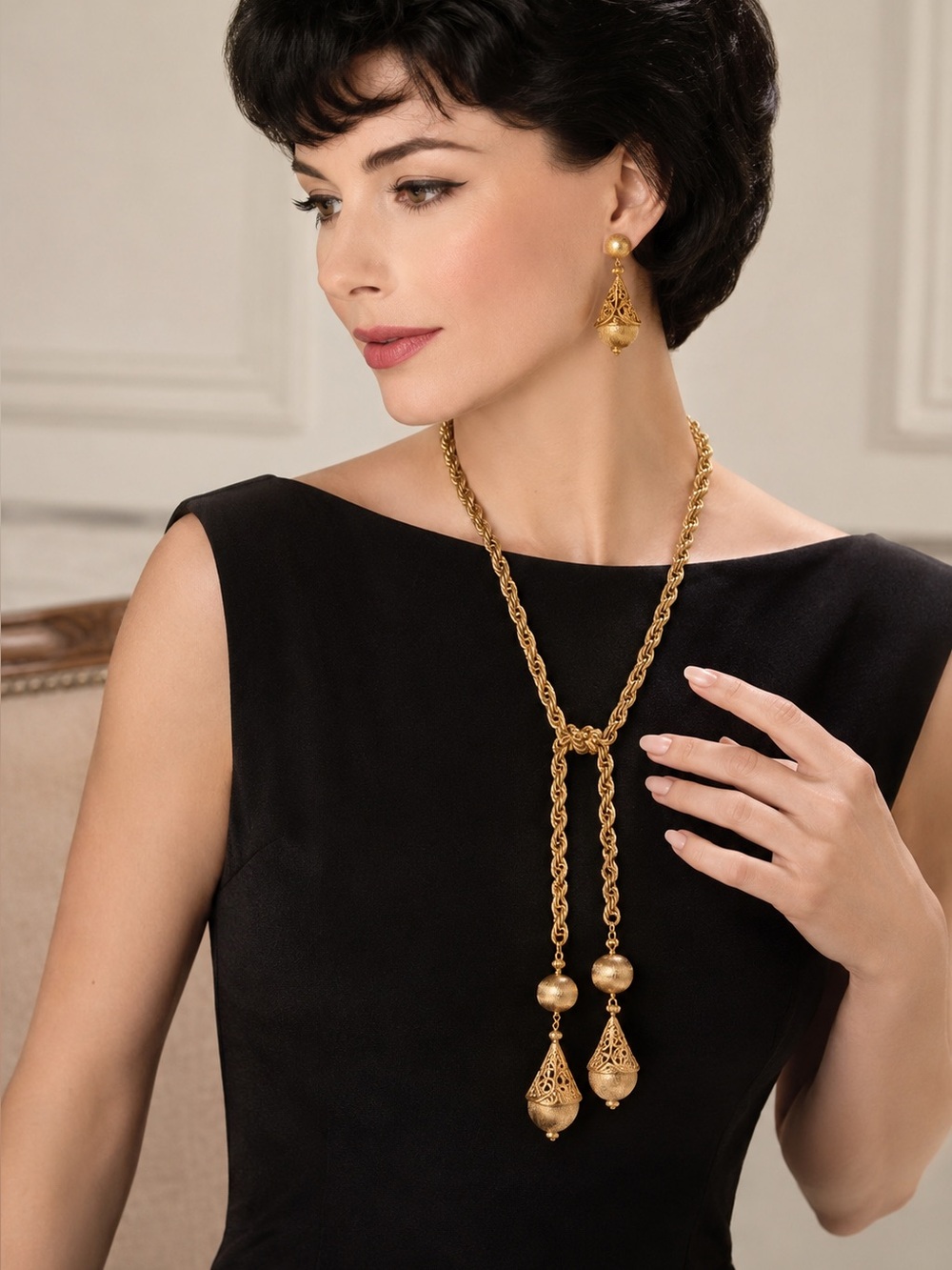 Rare Vntg Monet Bolero Gold Tone Lariat Necklace & Earrings Set Book Piece 32”
